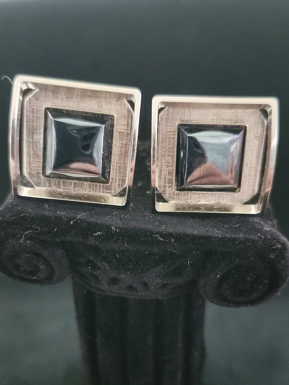 Mid Century Geometric Hematite & Silver Tone 3D Trim Cufflinks